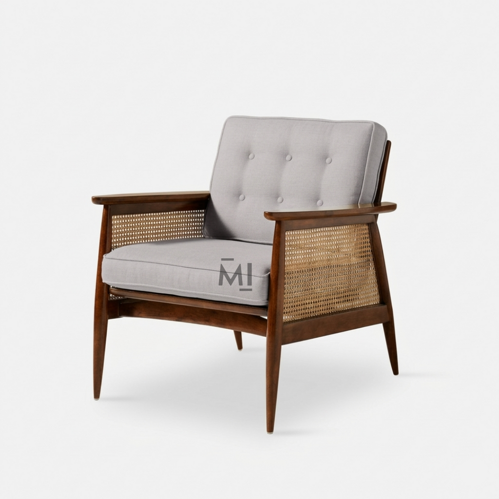Mid-Century Modern Cane Accent Chair with Upholstered Cushion