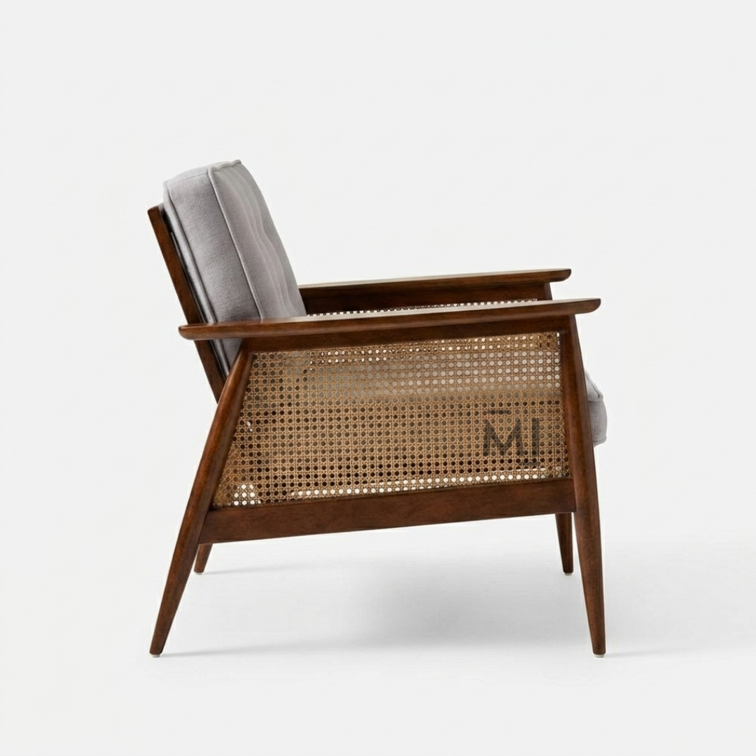 Mid-Century Modern Cane Accent Chair with Upholstered Cushion
