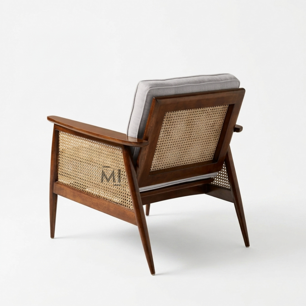 Mid-Century Modern Cane Accent Chair with Upholstered Cushion