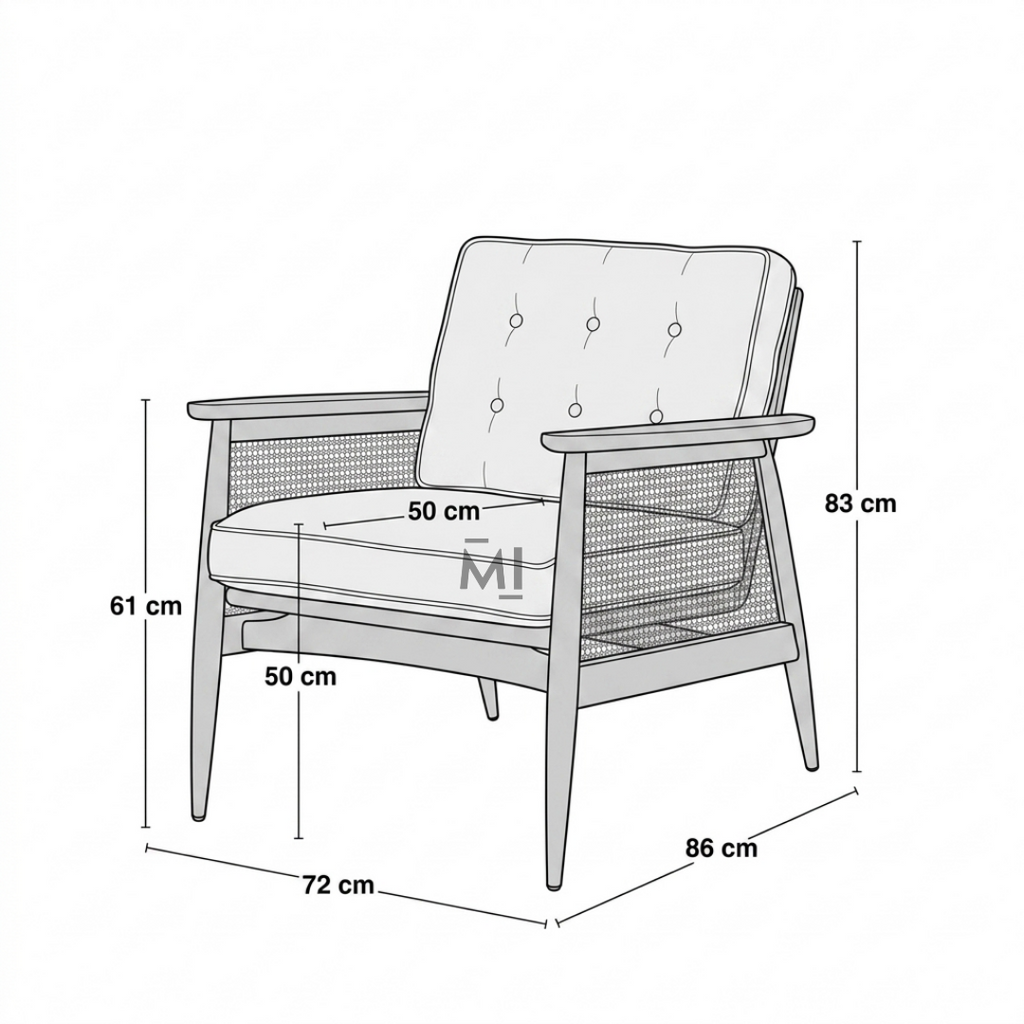 Mid-Century Modern Cane Accent Chair with Upholstered Cushion