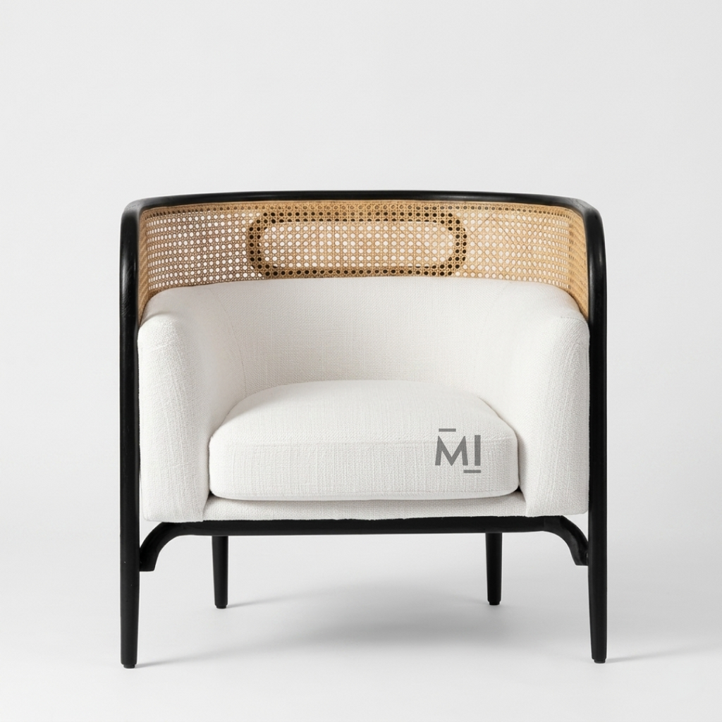 Modern Cane Barrel Accent Chair with Upholstered Cushion