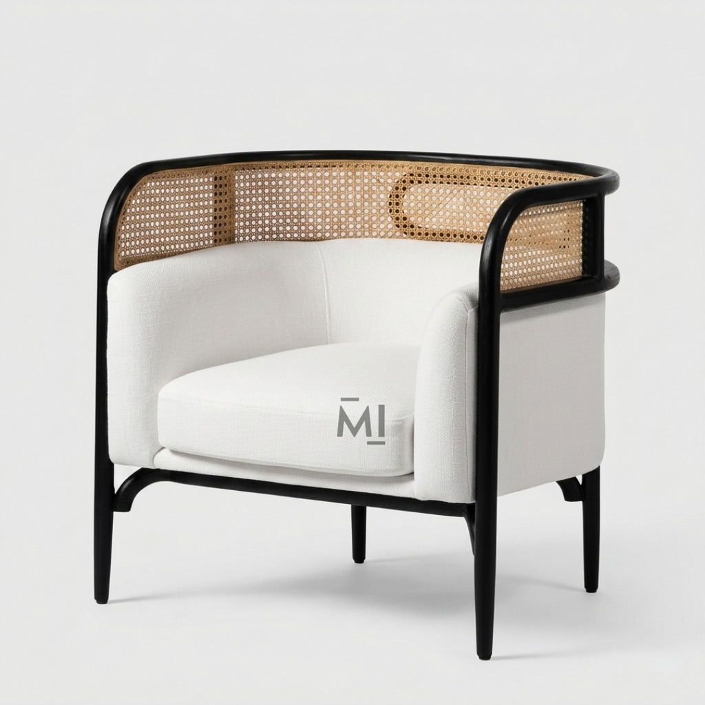 Modern Cane Barrel Accent Chair with Upholstered Cushion