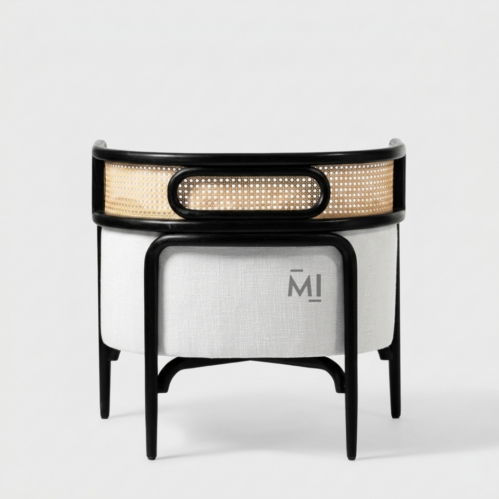 Modern Cane Barrel Accent Chair with Upholstered Cushion