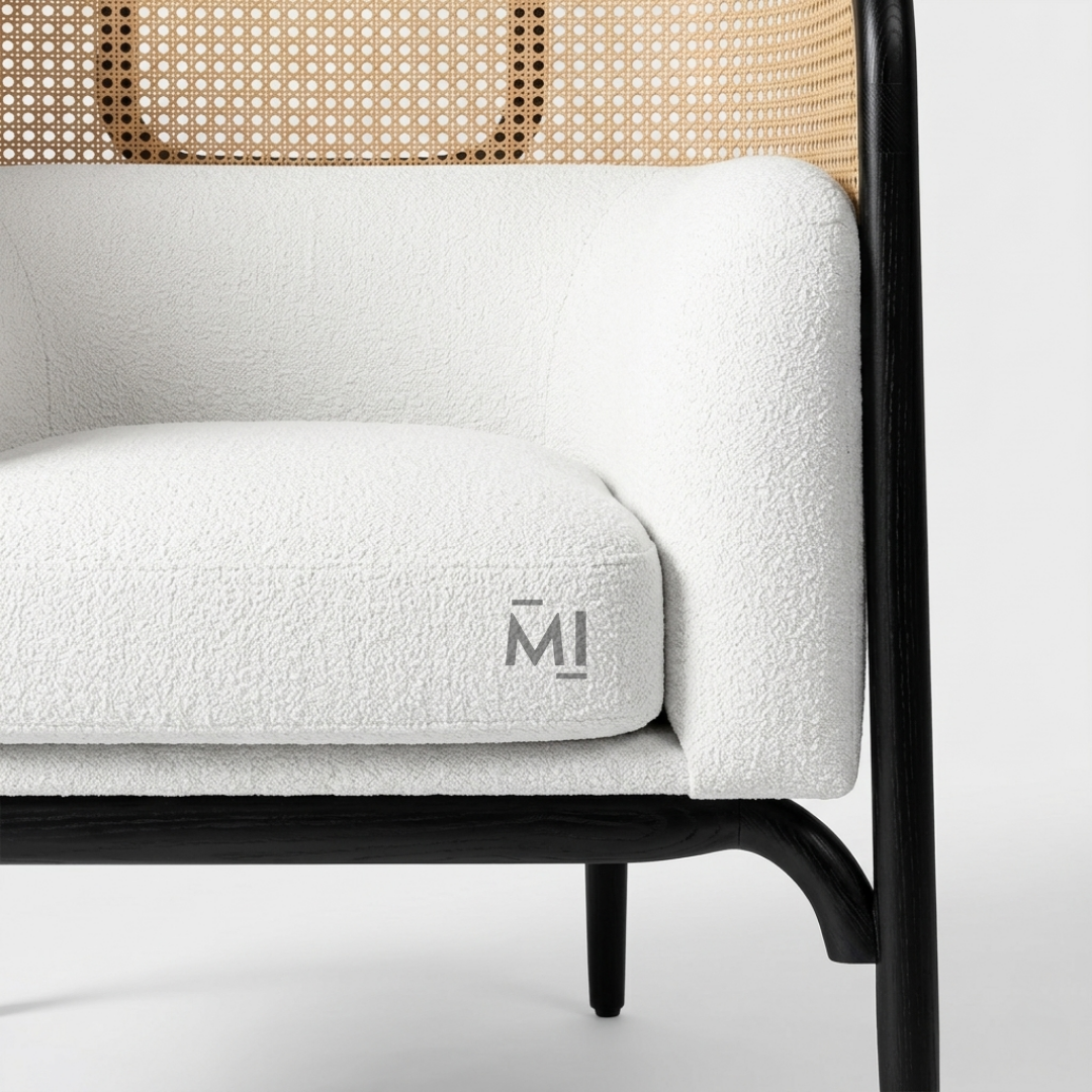 Modern Cane Barrel Accent Chair with Upholstered Cushion