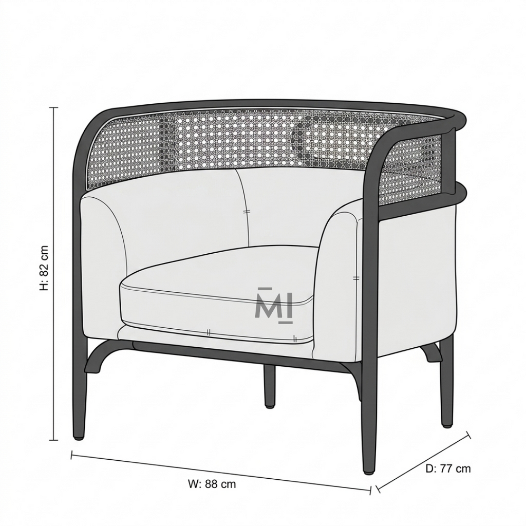 Modern Cane Barrel Accent Chair with Upholstered Cushion