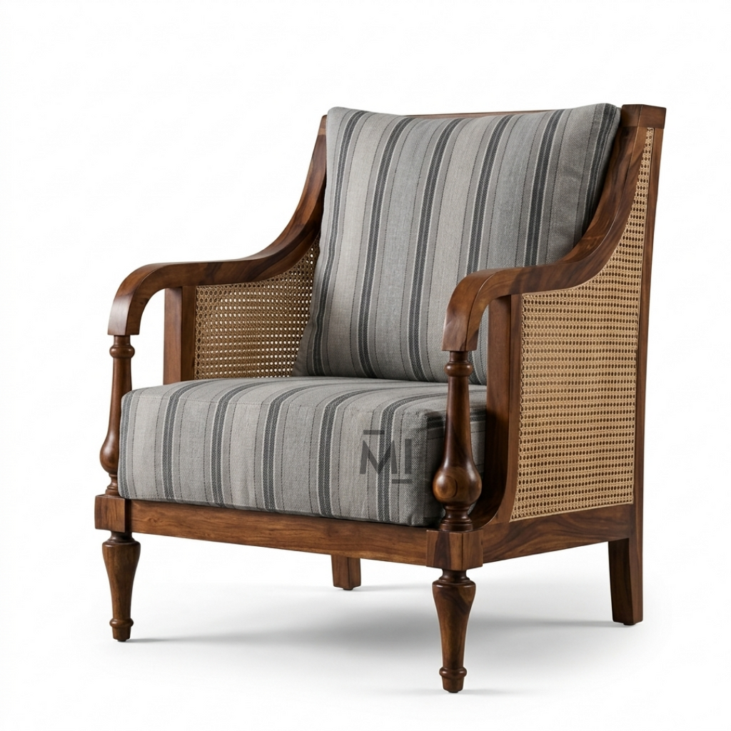 Classic Cane Accent Chair | Premium Solid Wood Upholstered Lounge Chair