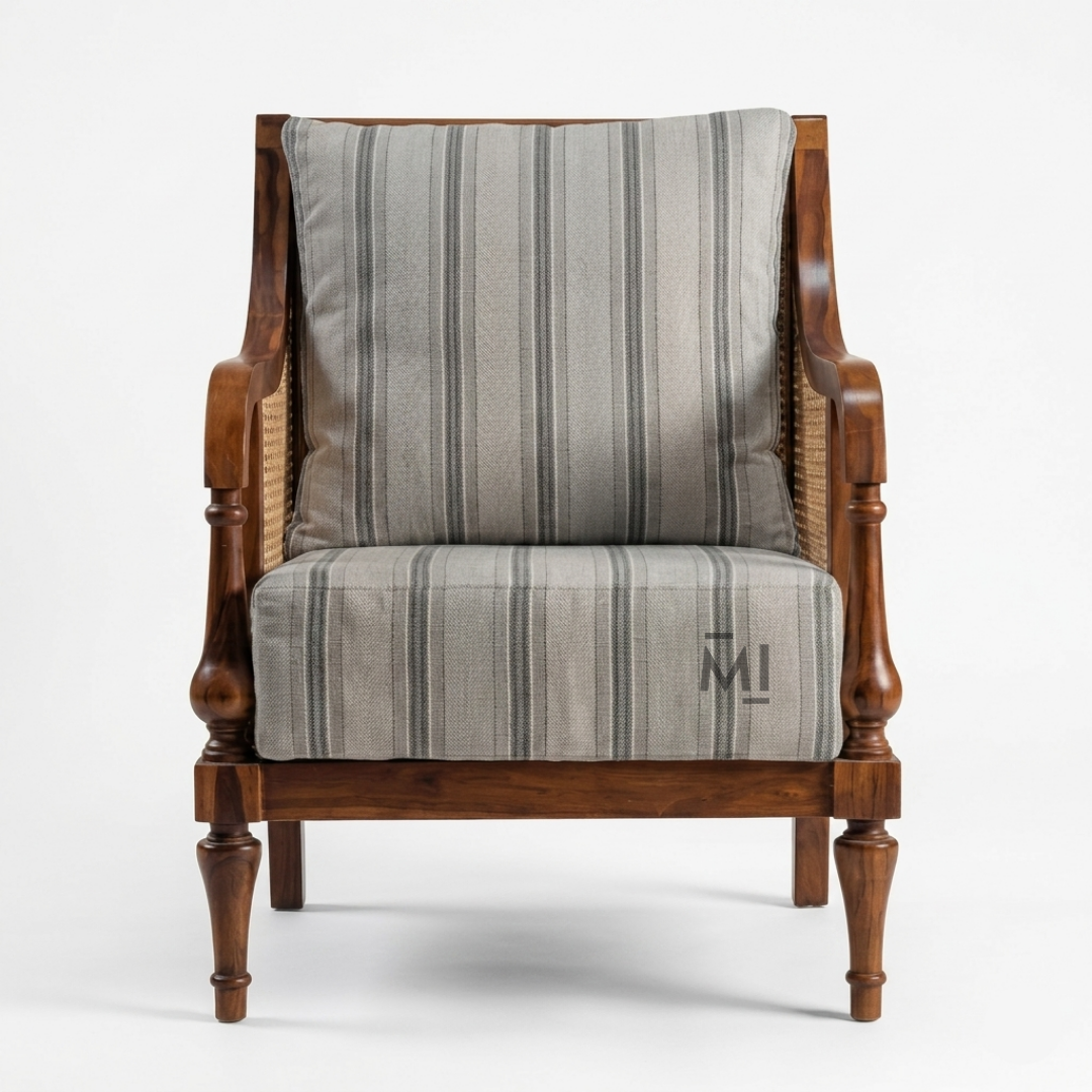 Classic Cane Accent Chair | Premium Solid Wood Upholstered Lounge Chair