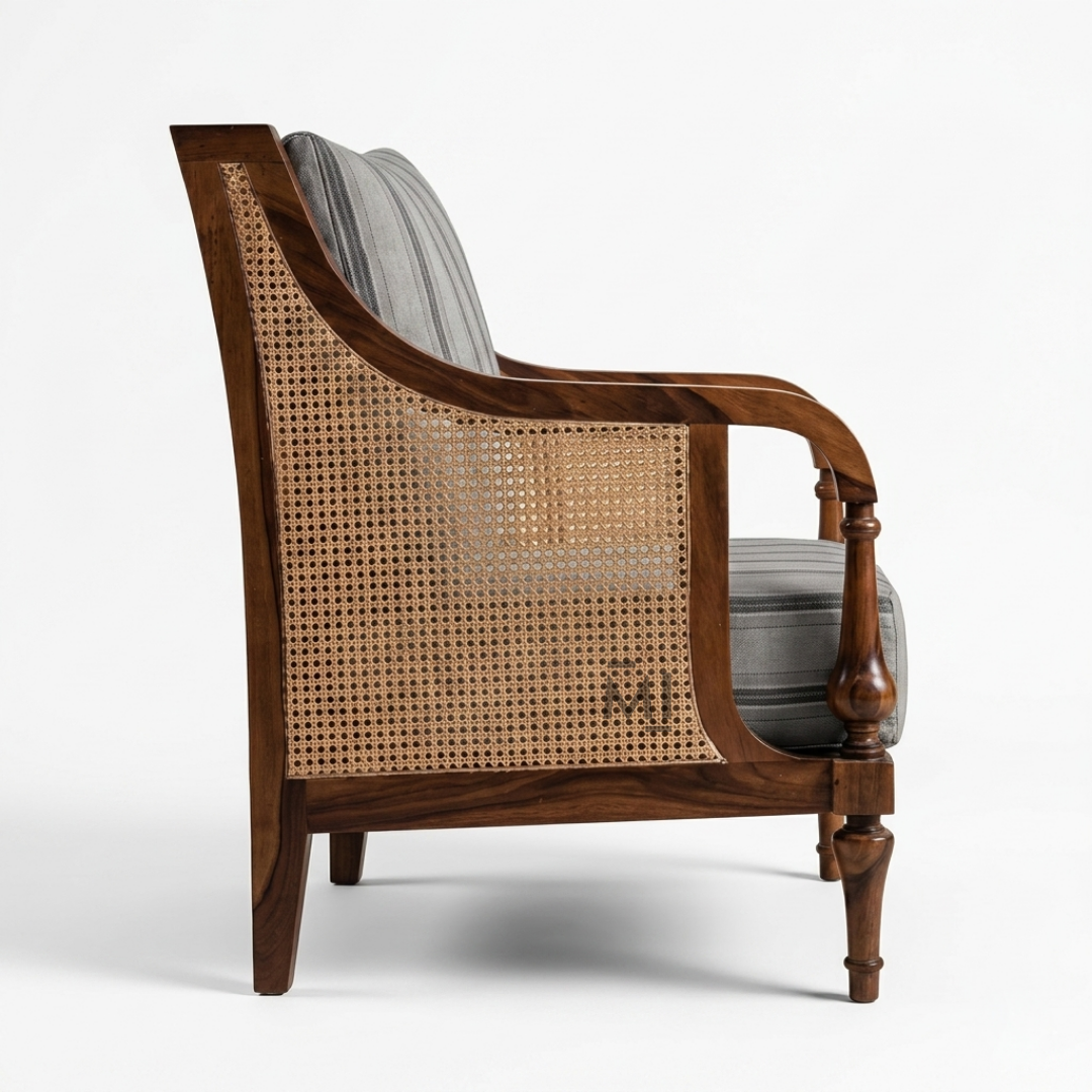 Classic Cane Accent Chair | Premium Solid Wood Upholstered Lounge Chair