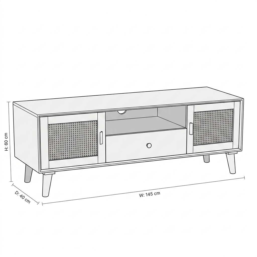 Solid Wood & Cane TV Unit | Mid-Century Entertainment Console