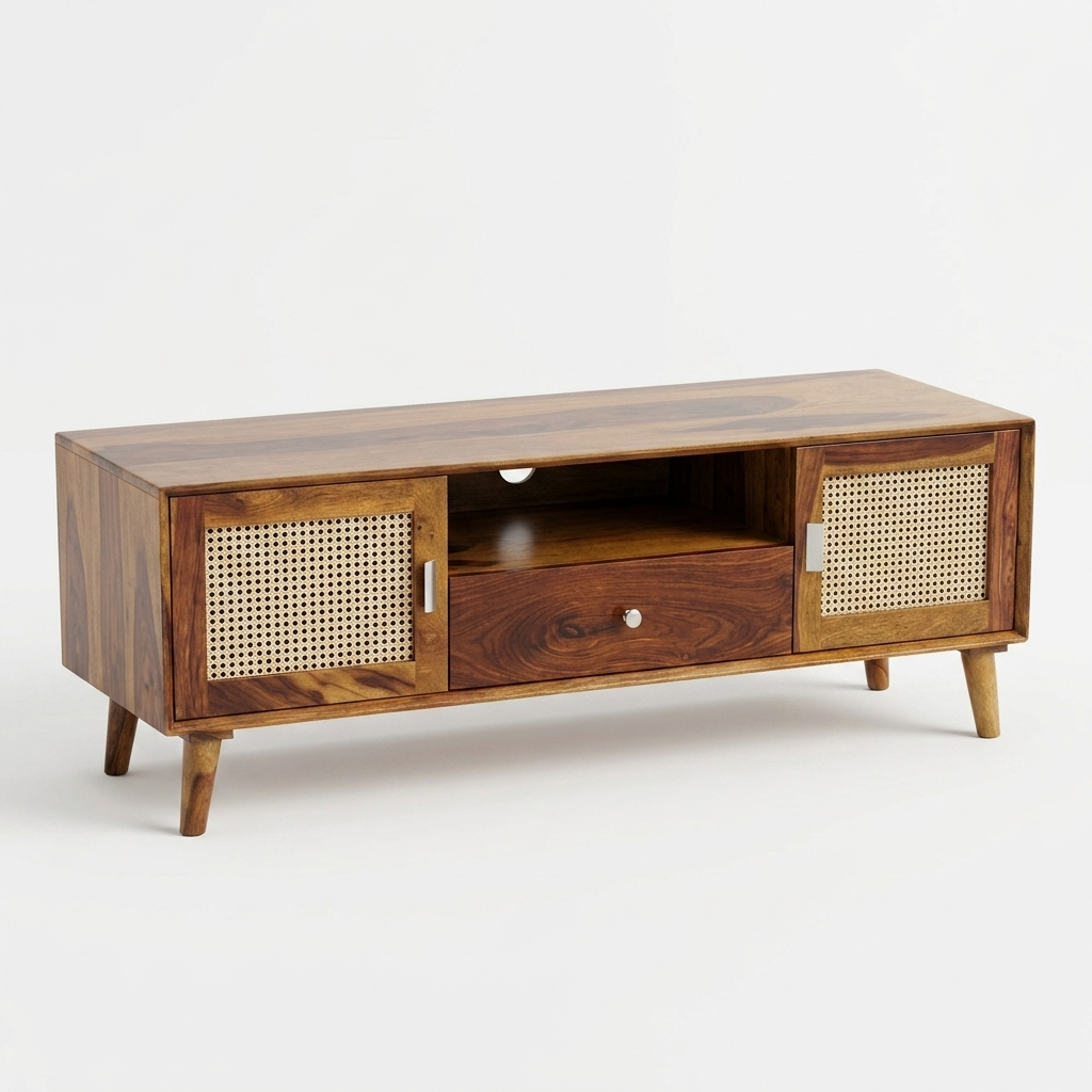 Solid Wood & Cane TV Unit | Mid-Century Entertainment Console