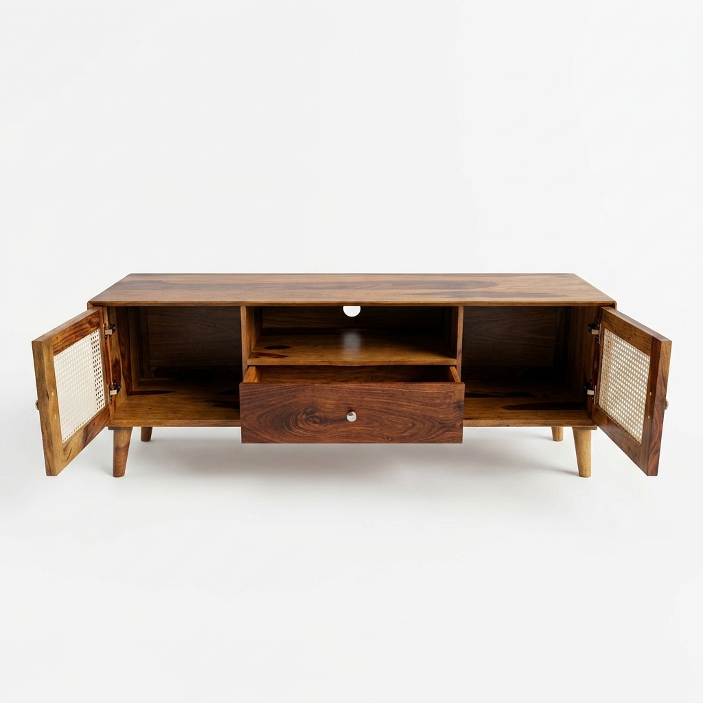 Solid Wood & Cane TV Unit | Mid-Century Entertainment Console