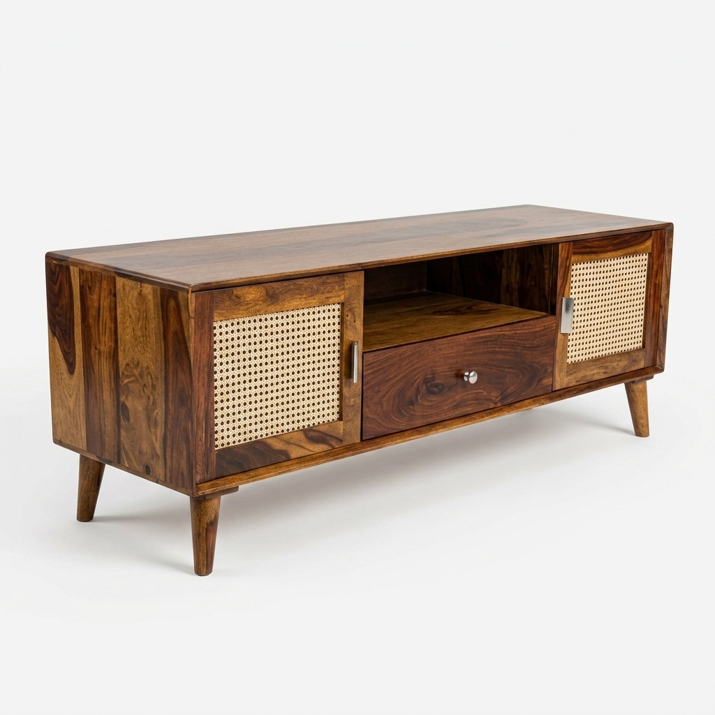 Solid Wood & Cane TV Unit | Mid-Century Entertainment Console