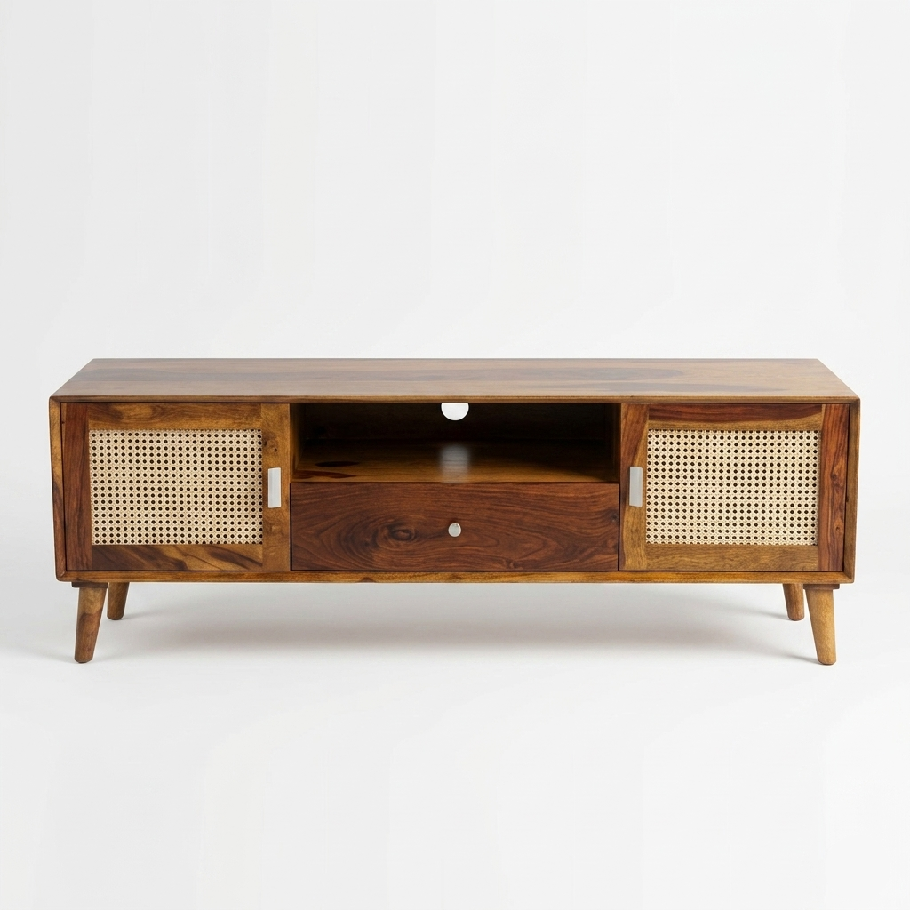 Solid Wood & Cane TV Unit | Mid-Century Entertainment Console