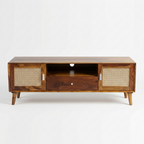 Solid Wood & Cane TV Unit | Mid-Century Entertainment Console