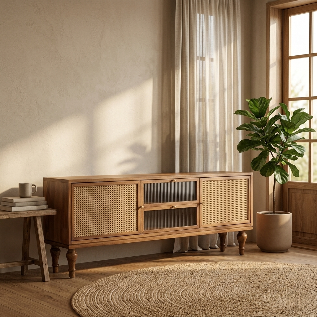 Modern Cane TV Unit | Wooden Media Console Cabinet