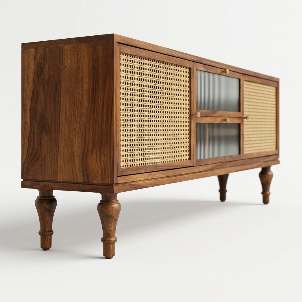 Modern Cane TV Unit | Wooden Media Console Cabinet