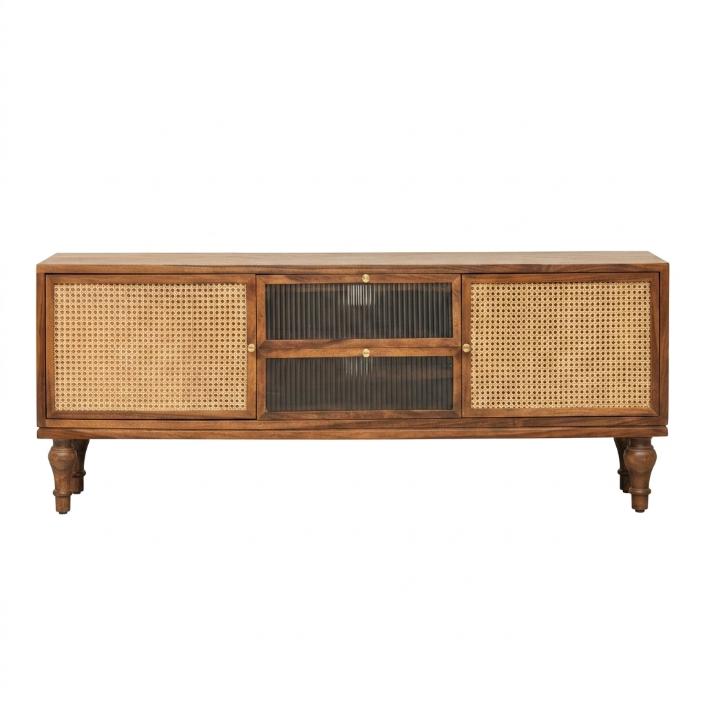 Modern Cane TV Unit | Wooden Media Console Cabinet
