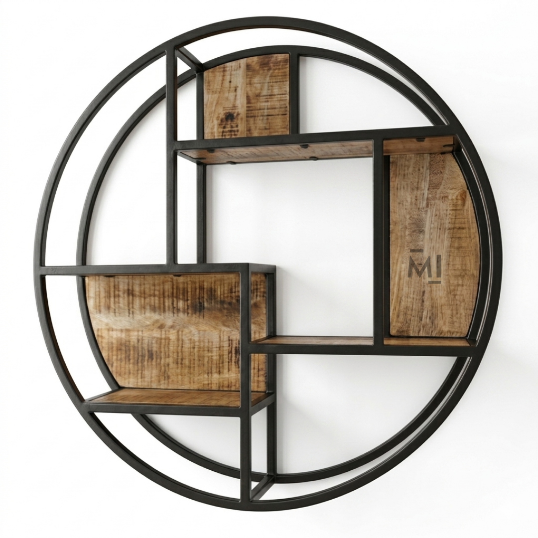 Modern Circular Wall Shelf | Industrial Metal & Wood Decorative Display Unit