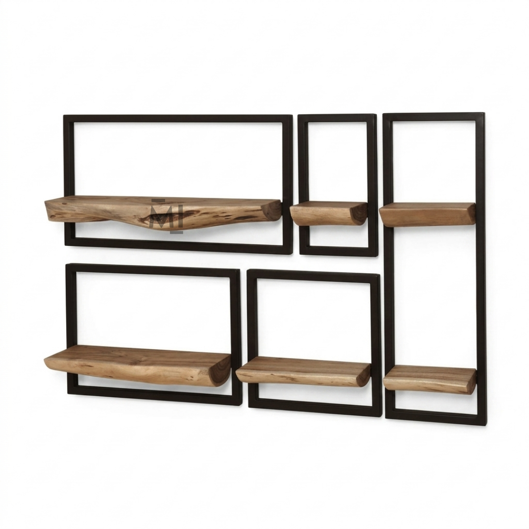 Floating Wall Shelf Set | Modern Metal Frame & Solid Wood Display Shelves (Set of 5)