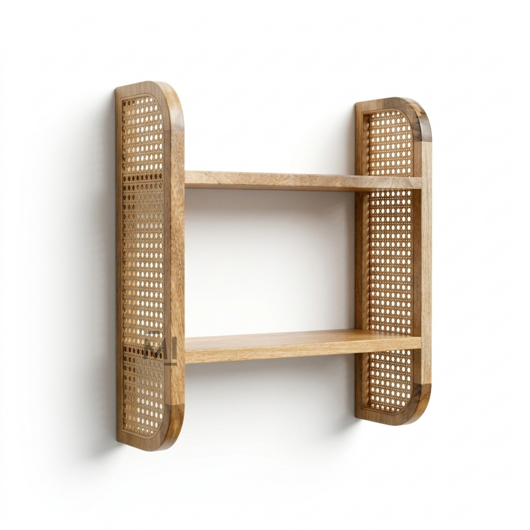Boho Cane Wall Shelf | Handmade Wooden Decorative Floating Shelf