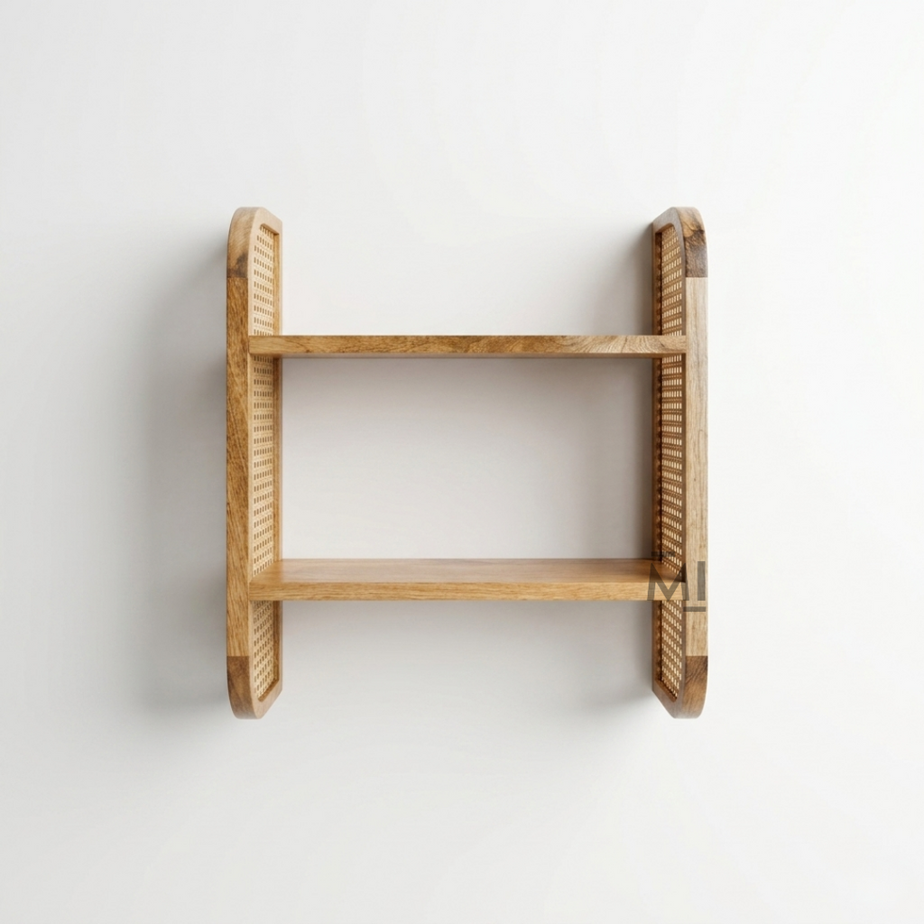 Boho Cane Wall Shelf | Handmade Wooden Decorative Floating Shelf