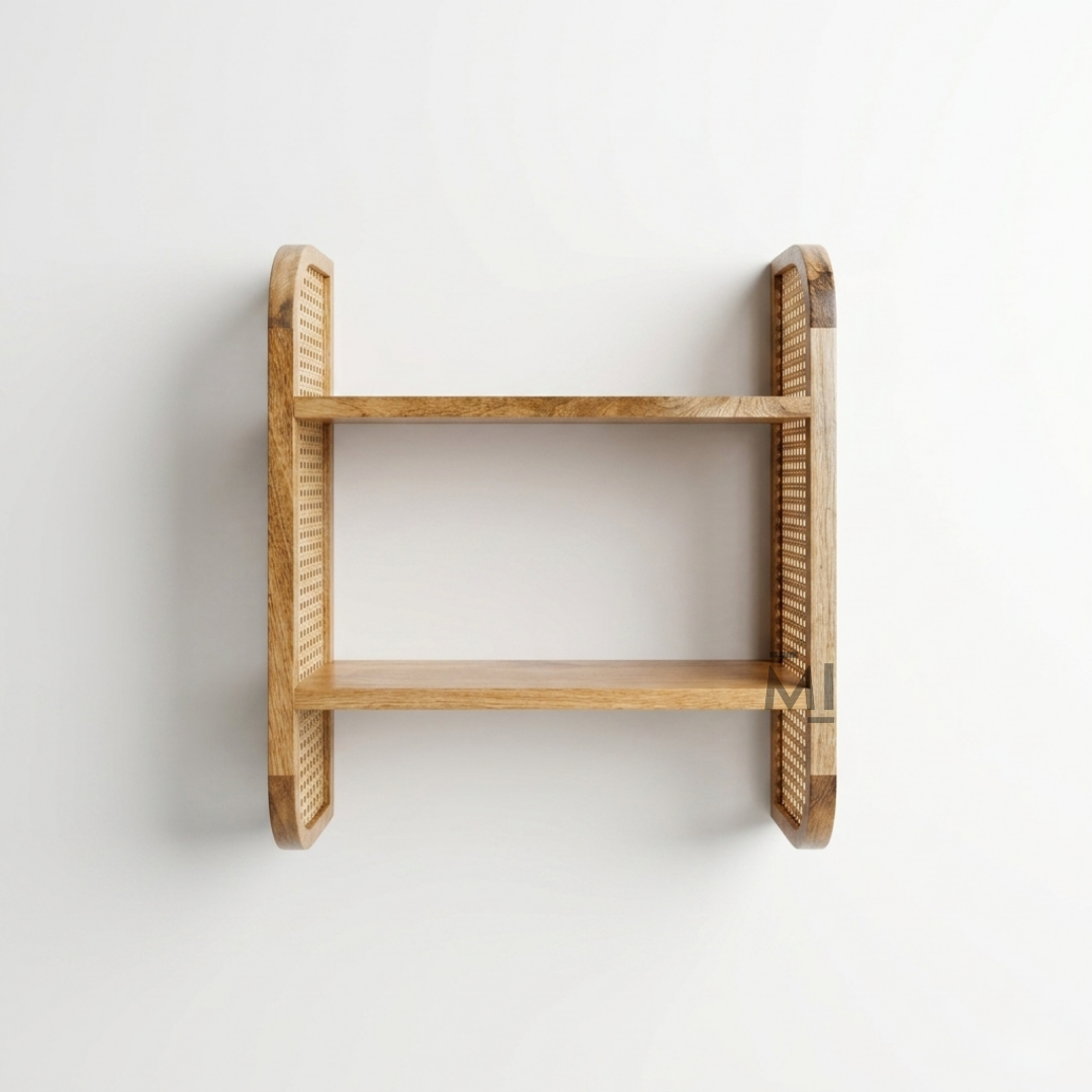 Boho Cane Wall Shelf | Handmade Wooden Decorative Floating Shelf
