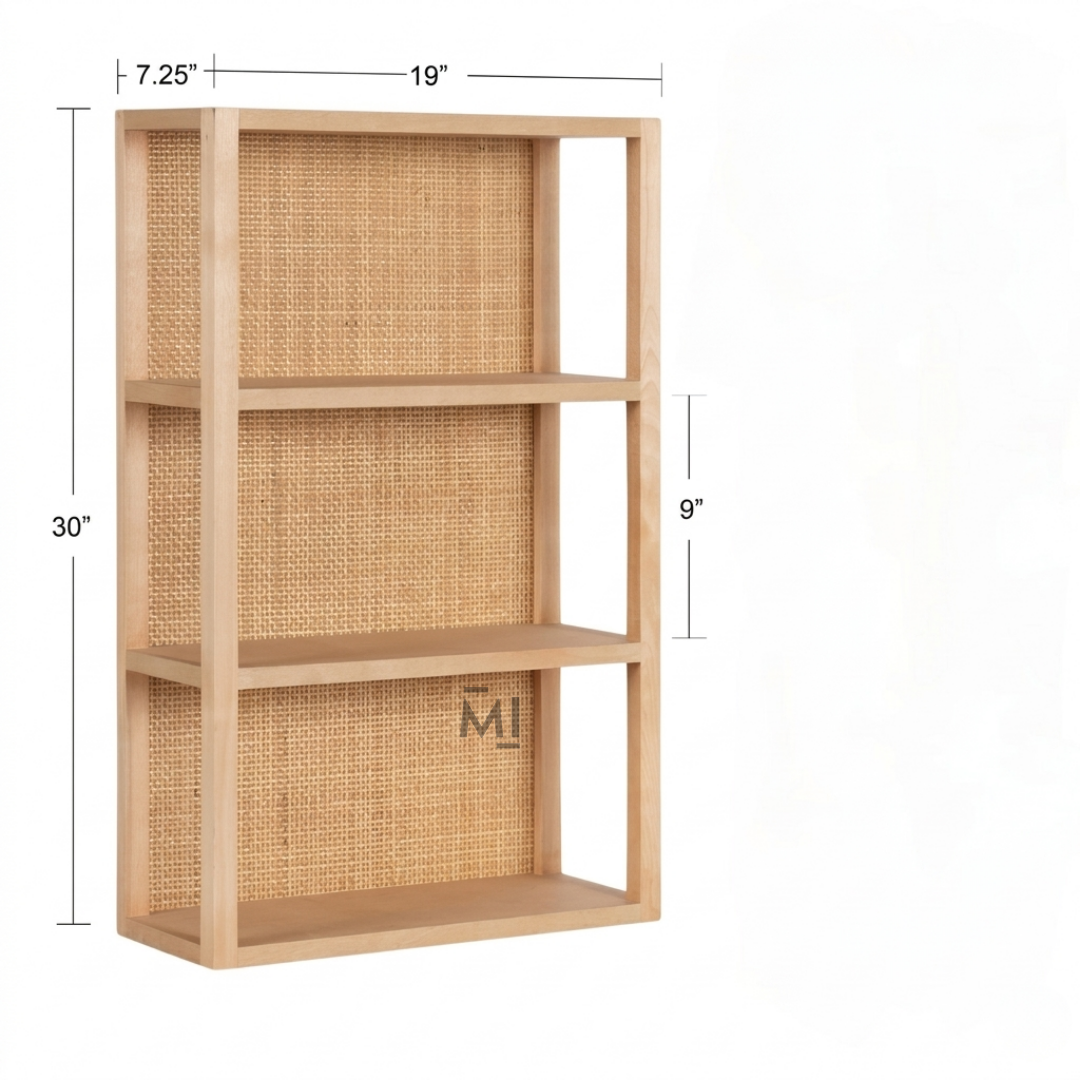 Scandinavian Cane Wall Shelf | Modern Wooden Floating Display Shelf
