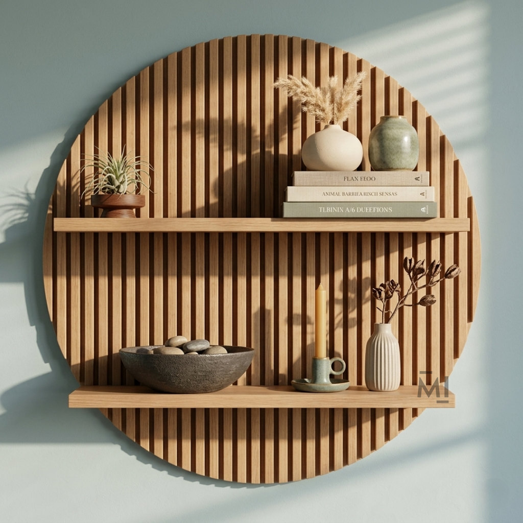 Round Slatted Wooden Wall Shelf | Modern Decorative Display Shelf