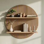 Round Slatted Wooden Wall Shelf | Modern Decorative Display Shelf