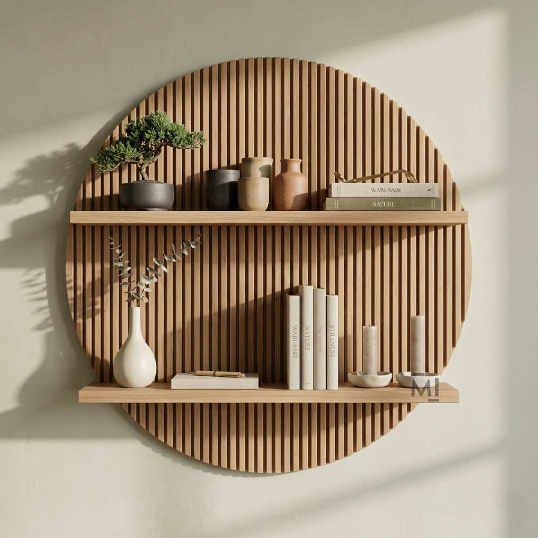 Round Slatted Wooden Wall Shelf | Modern Decorative Display Shelf