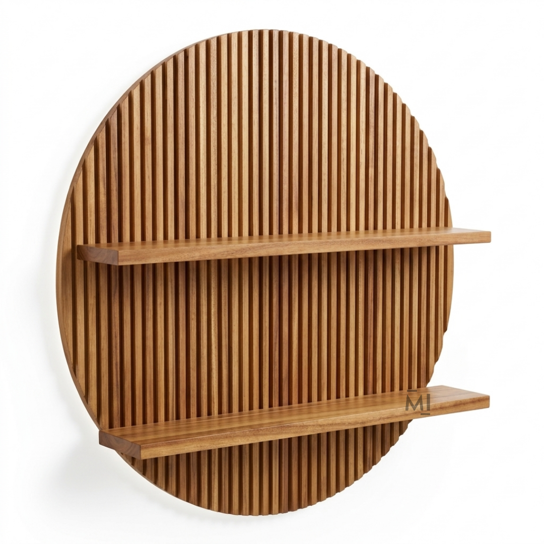 Round Slatted Wooden Wall Shelf | Modern Decorative Display Shelf