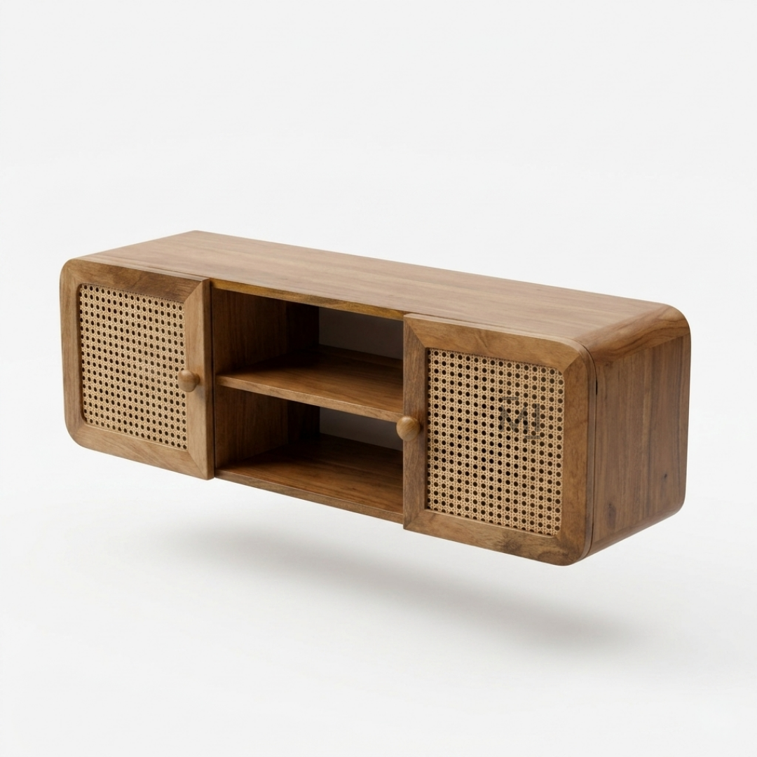 Boho Cane Wall Cabinet Shelf | Floating Wooden Storage & Display Unit