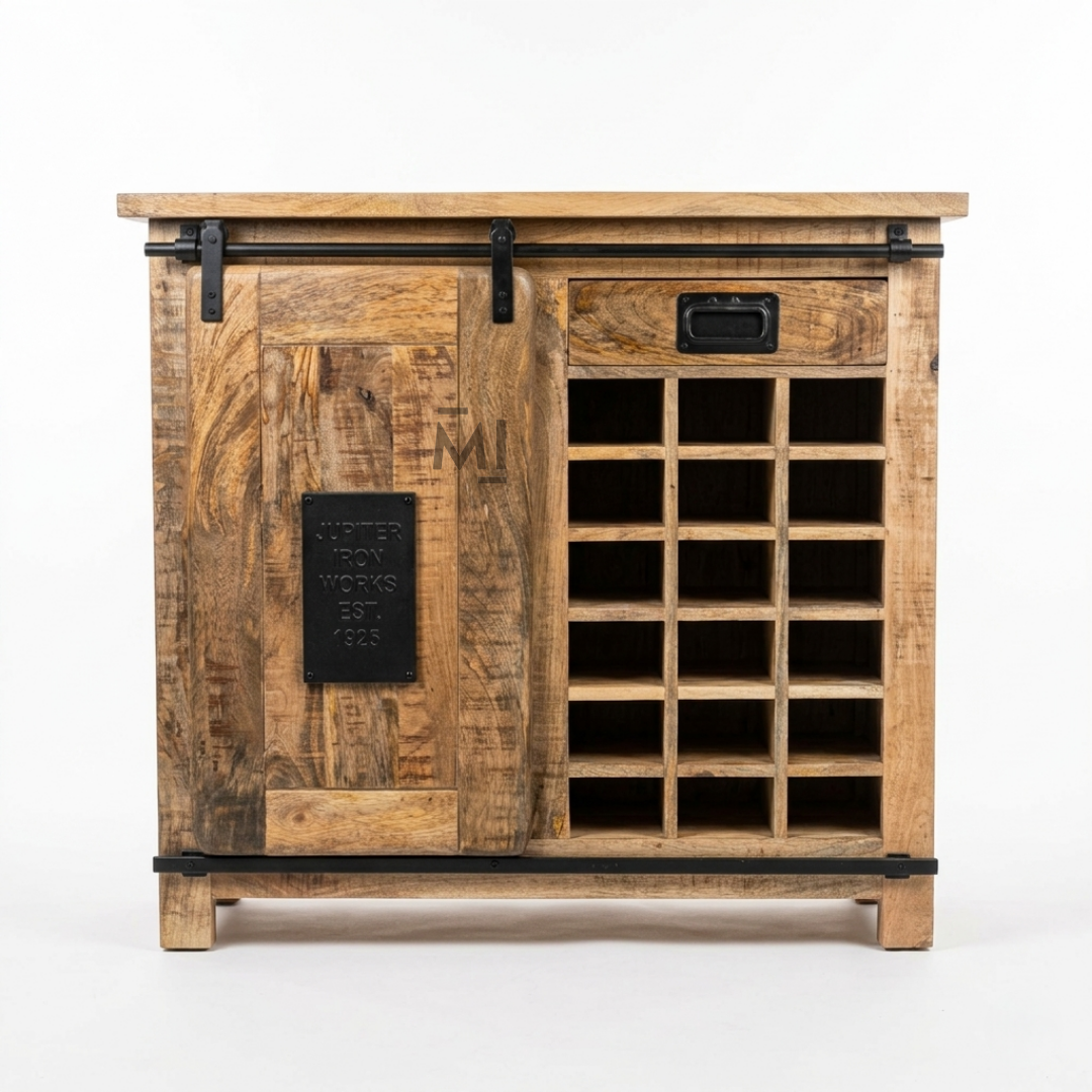 Rustic Forge Industrial Bar Cabinet with Wine Rack & Sliding Barn Door