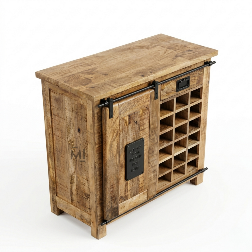 Rustic Forge Industrial Bar Cabinet with Wine Rack & Sliding Barn Door
