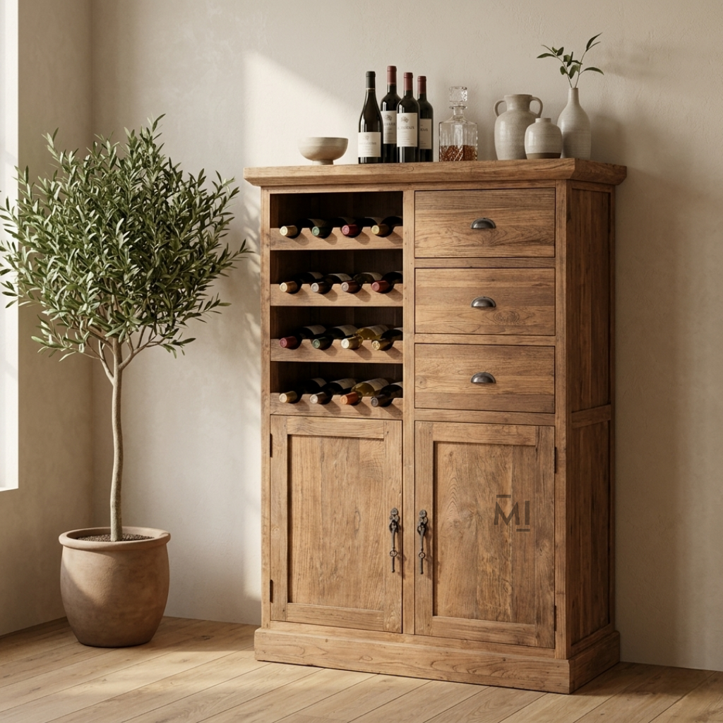 Heritage Teak Wood Bar Cabinet with Wine Rack & Multi-Storage