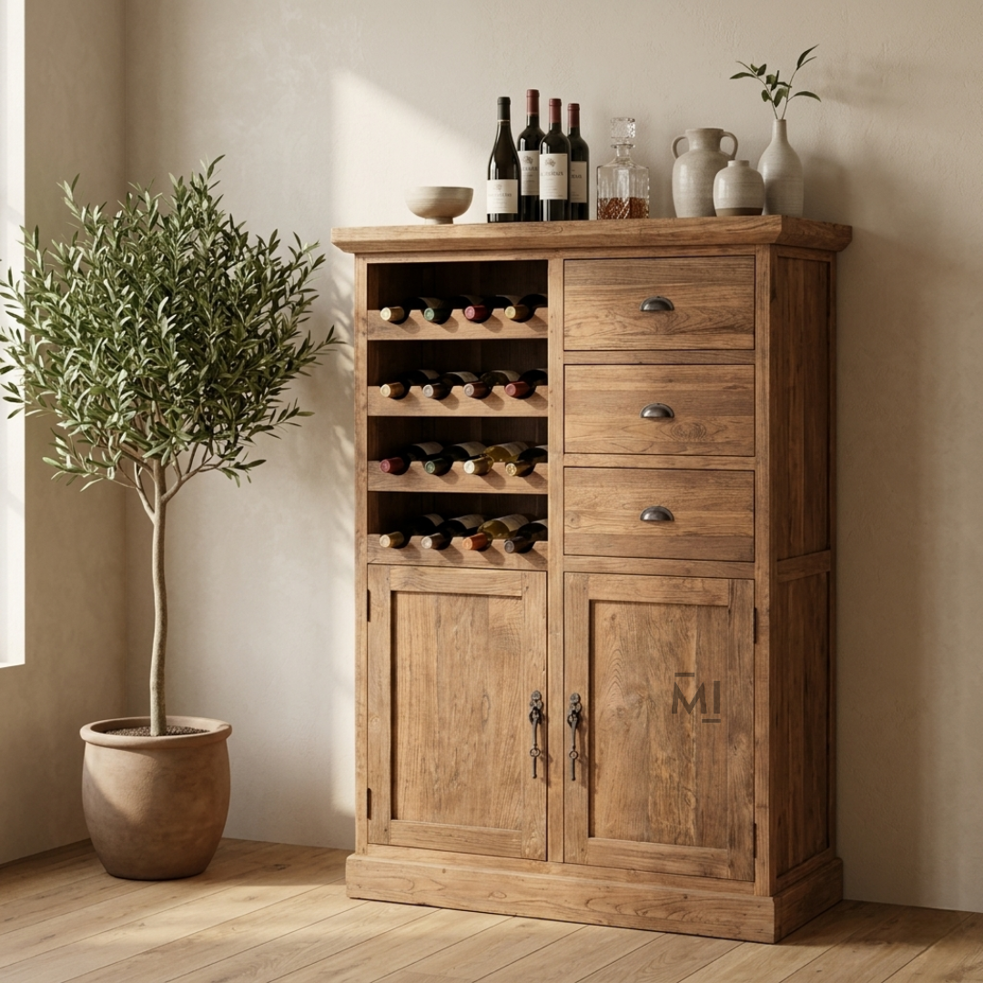 Heritage Teak Wood Bar Cabinet with Wine Rack & Multi-Storage