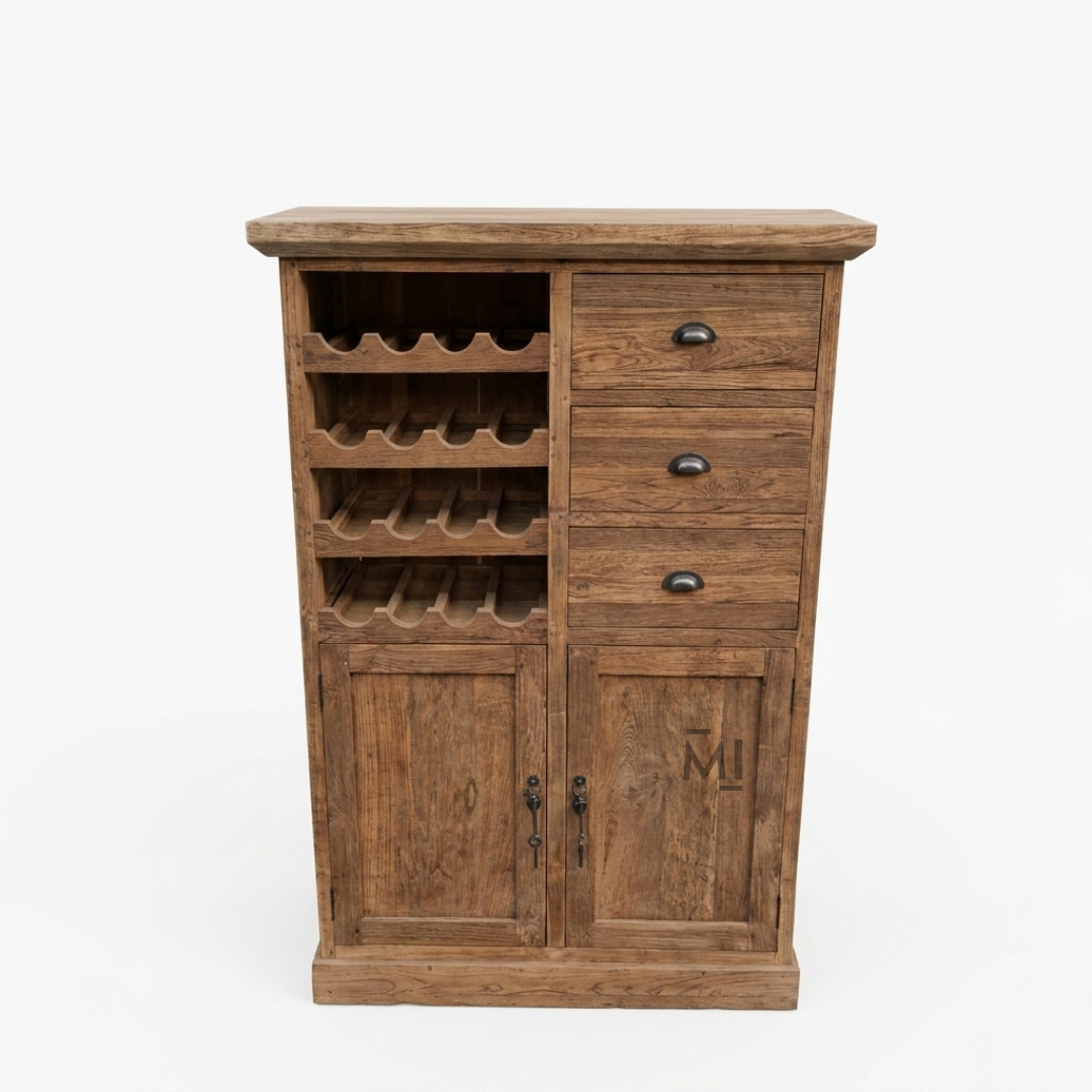 Heritage Teak Wood Bar Cabinet with Wine Rack & Multi-Storage
