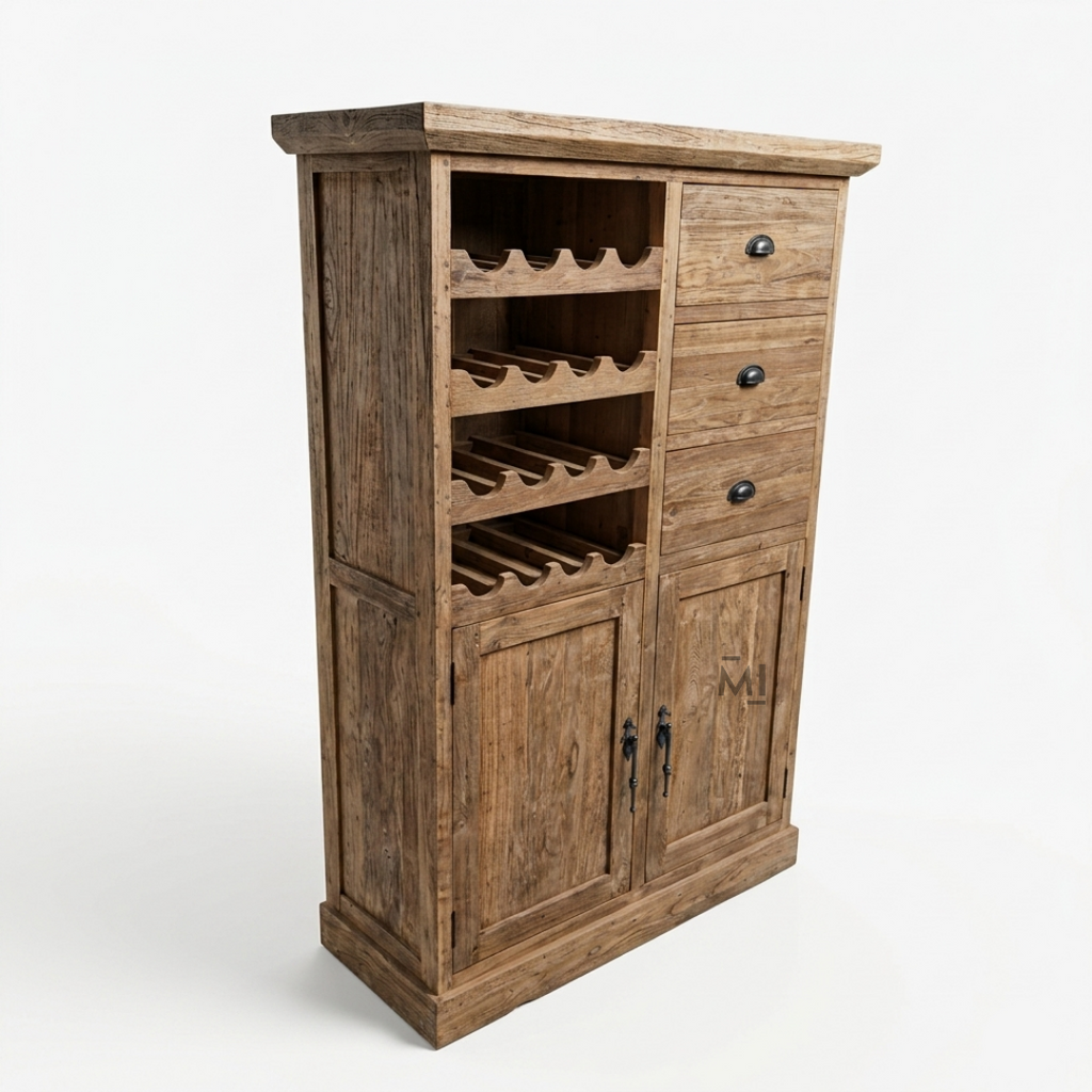 Heritage Teak Wood Bar Cabinet with Wine Rack & Multi-Storage