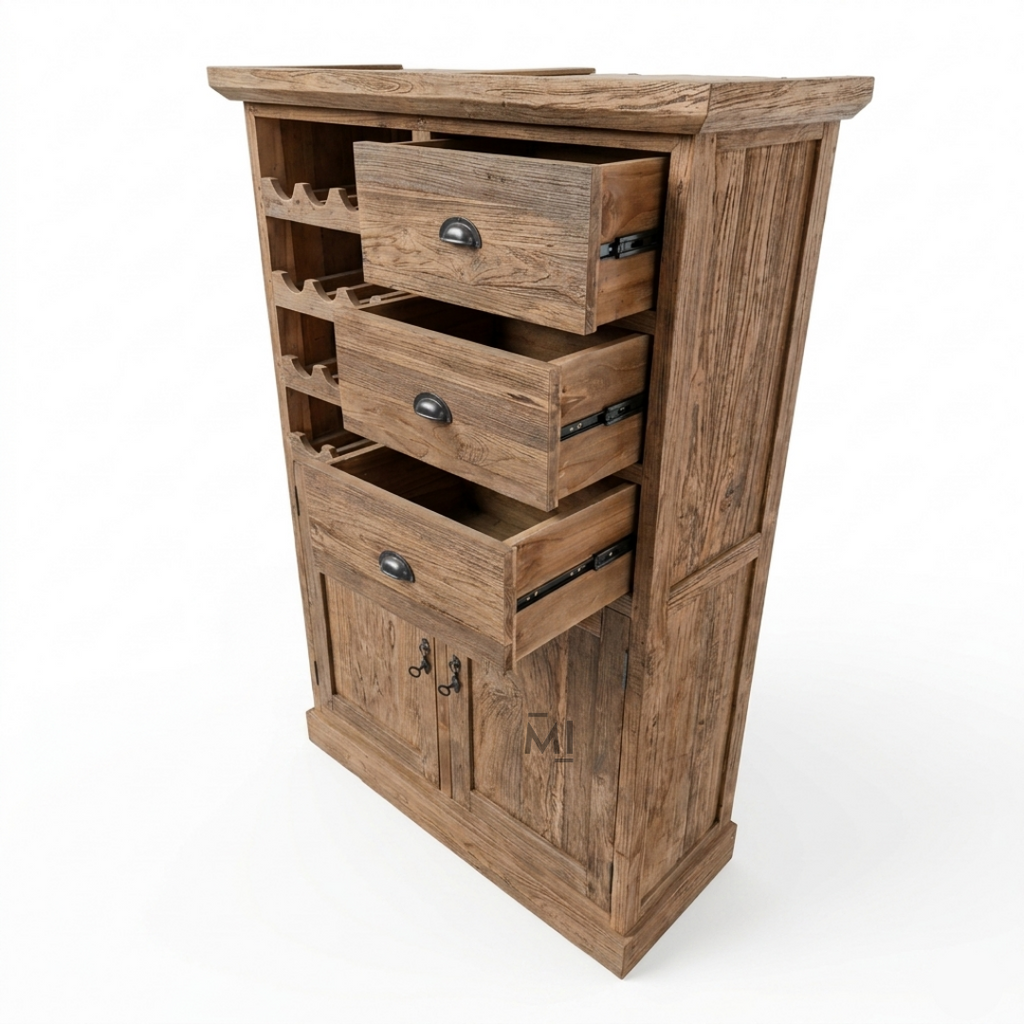 Heritage Teak Wood Bar Cabinet with Wine Rack & Multi-Storage