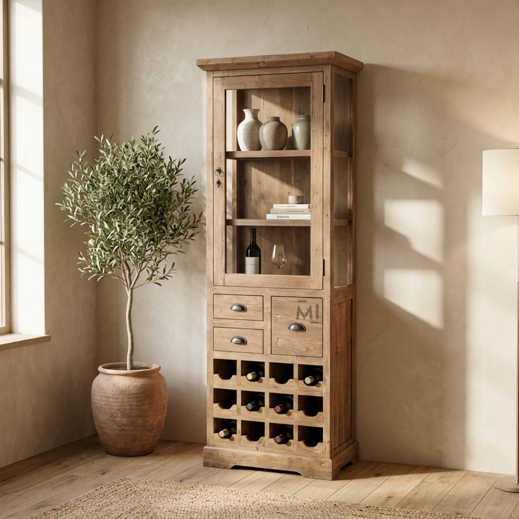 Regal Teak Wood Display Bar Cabinet with Glass Door & Wine Rack