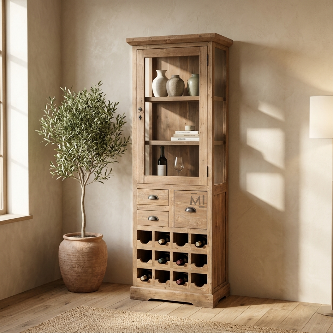 Regal Teak Wood Display Bar Cabinet with Glass Door & Wine Rack