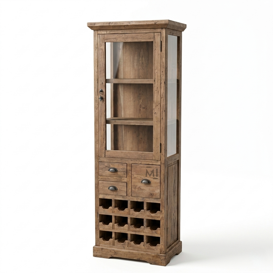 Regal Teak Wood Display Bar Cabinet with Glass Door & Wine Rack
