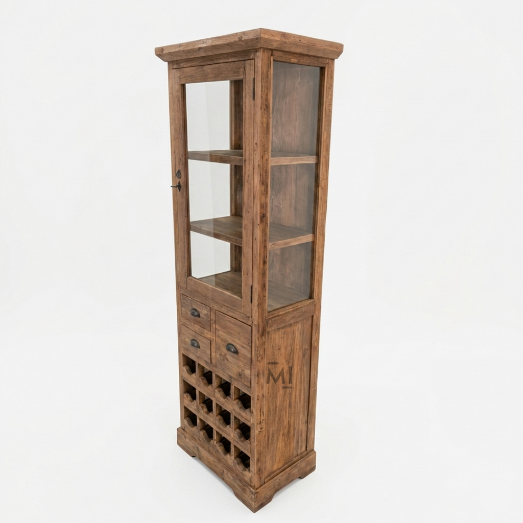 Regal Teak Wood Display Bar Cabinet with Glass Door & Wine Rack