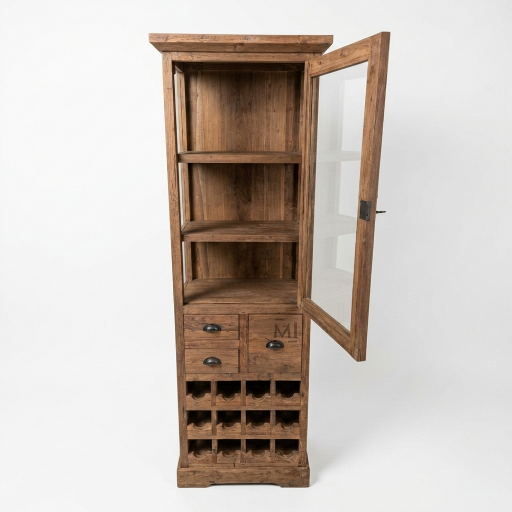 Regal Teak Wood Display Bar Cabinet with Glass Door & Wine Rack