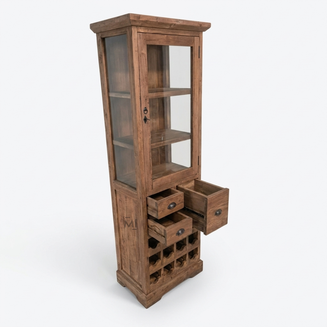 Regal Teak Wood Display Bar Cabinet with Glass Door & Wine Rack