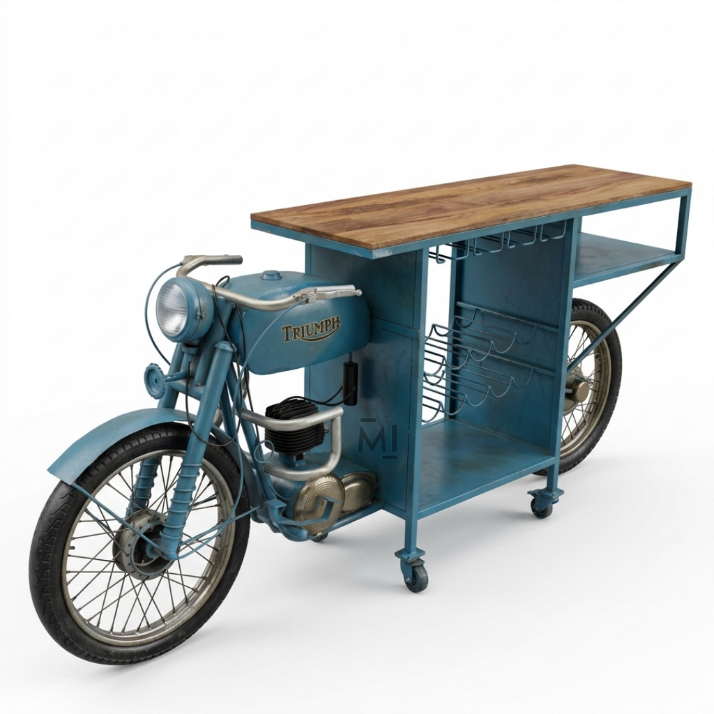 Vintage Motorcycle Bar Cabinet & Wine Console Table – Industrial Solid Wood Finish