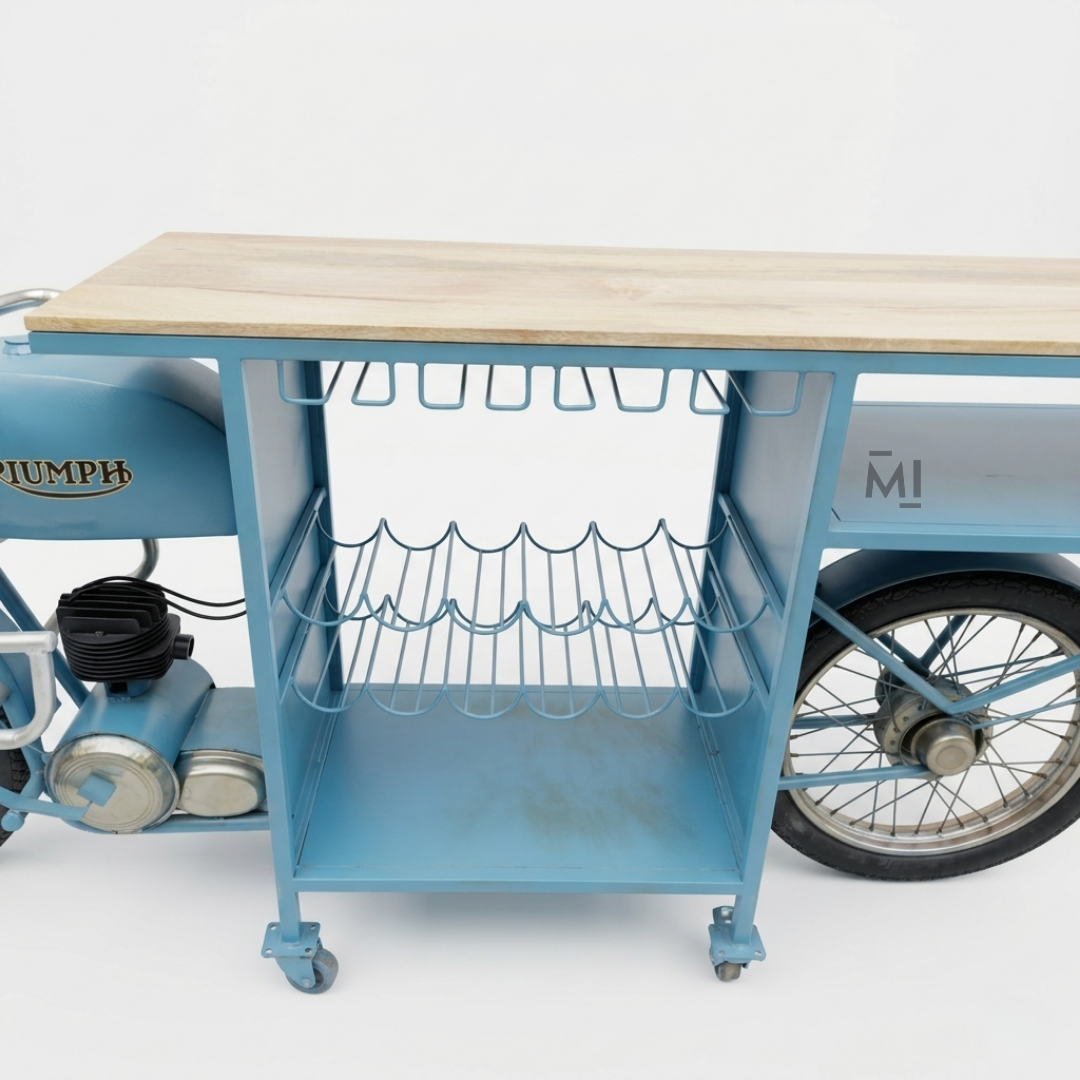 Vintage Motorcycle Bar Cabinet & Wine Console Table – Industrial Solid Wood Finish