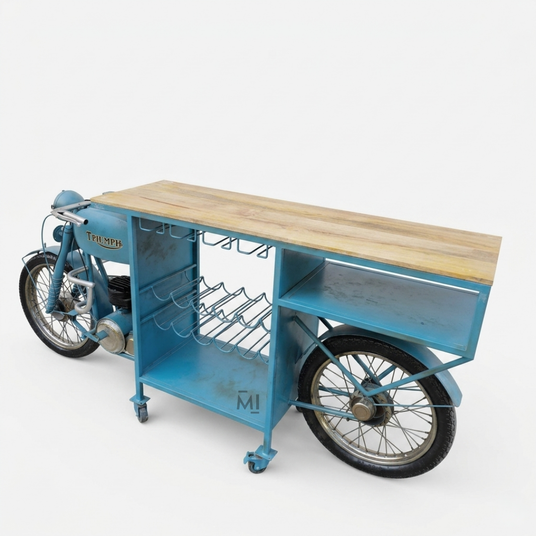 Vintage Motorcycle Bar Cabinet & Wine Console Table – Industrial Solid Wood Finish