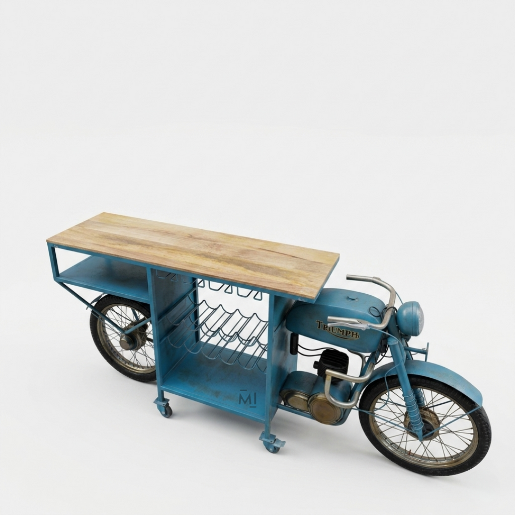 Vintage Motorcycle Bar Cabinet & Wine Console Table – Industrial Solid Wood Finish