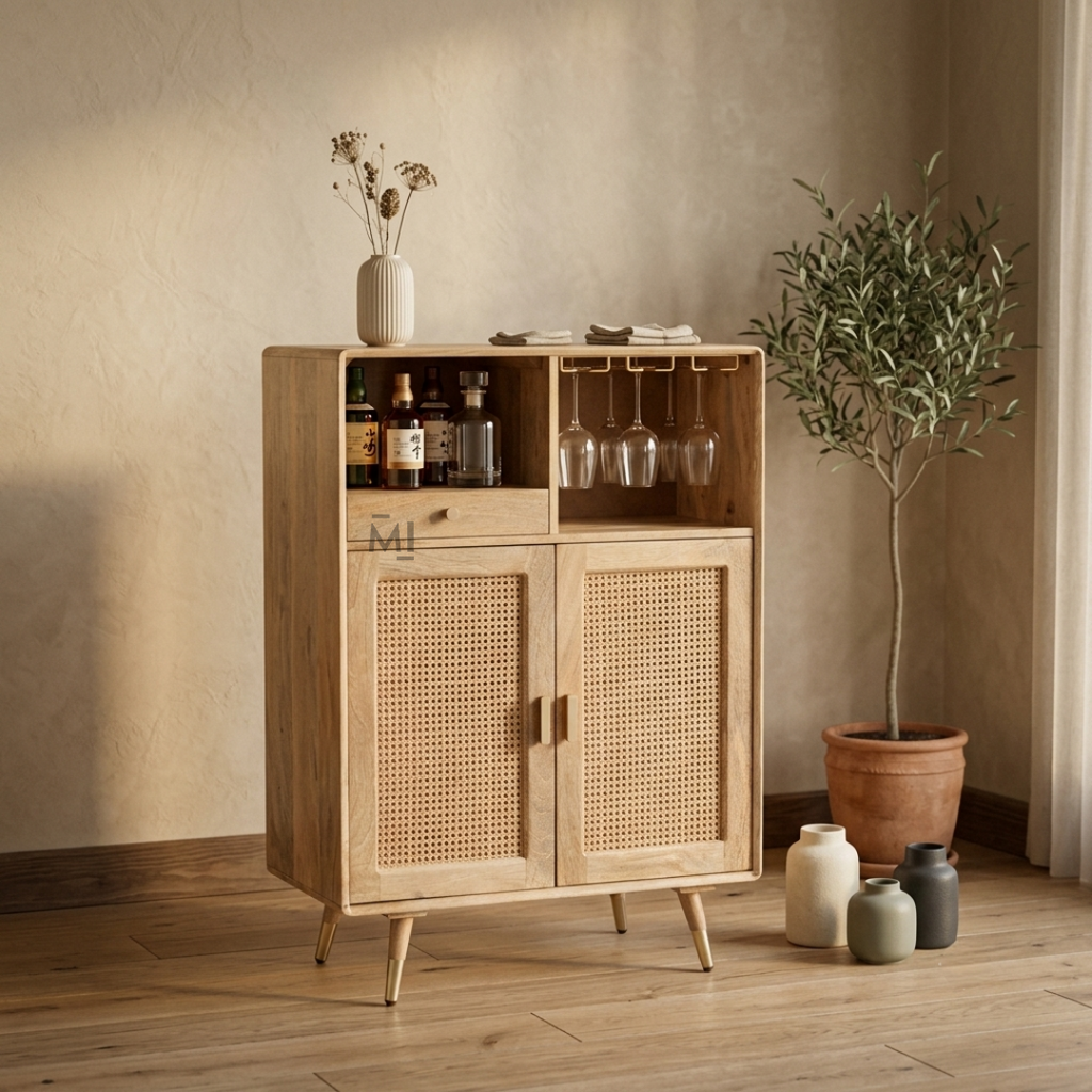 Nordic Rattan Bar Cabinet with Glass Holder &amp; Storage